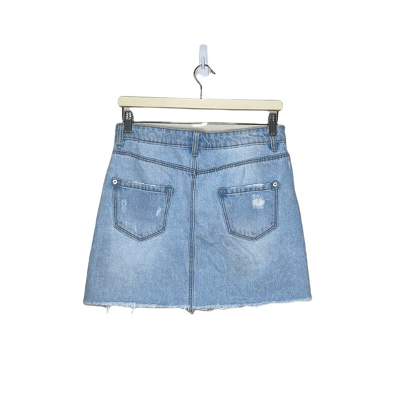 Pimki Skirt Blue Denim Mini Destroyed Raw Hem Button Zip Casual Size Small - Picture 2 of 10